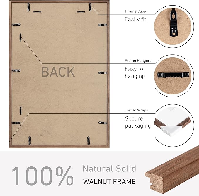 20x30 Poster Frame Natural Solid Walnut Photo Frames with 16x24 Removable Mat Wall Hanging Large Handcrafted Frame with HD Plexiglass Wall and Tabletop Display Large Picture Frame