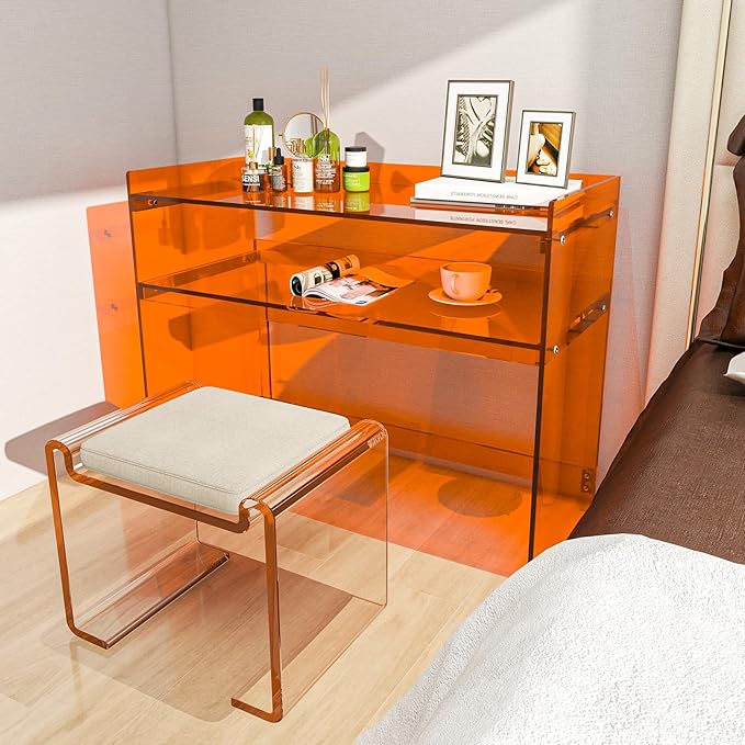 Acrylic Desk with Retaining Edge, Orange Acrylic Table, Console Table for Office, Study, Bedroom, Entrance Decor (17.7" D x 39.4" W x 31.5" H, Orange)