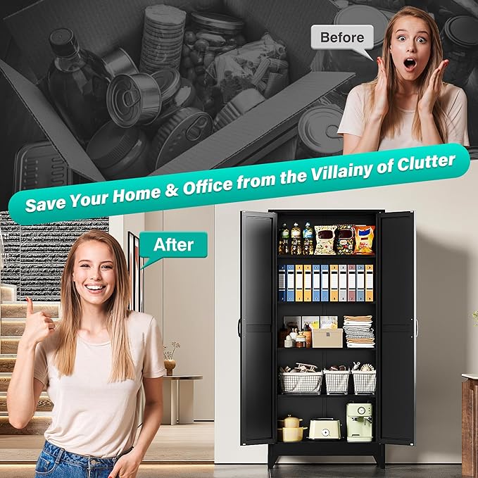 75" Tall Pantry Cabinet,Farmhouse Kitchen Pantry Storage Cabinets with 2 Doors and 5 Shelves,Black Metal Storage Cabinet,Large Cupboard for Home,Kitchen,Dining/Living Room