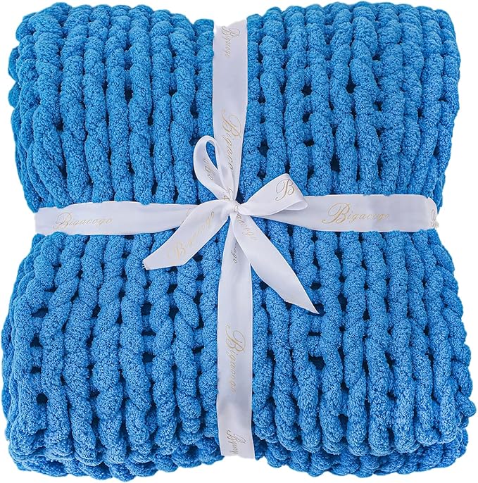 Bigacogo Chunky Knit Throw Blanket for Couch, 40x40 inches, 100% Hand Knitted with Thick Jumbo Chenille Yarn, Cozy Soft Large Rope Knot Cable Crochet Blankets for Sofa Bed Living Room, Bright Blue