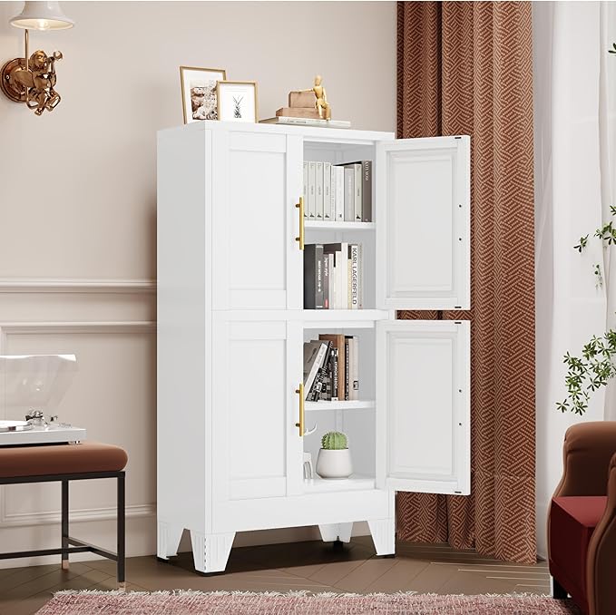 47.25" Metal Pantry Cabinet, Storage Cabinets with 4 Door and 2 Adjustable Shelves, White Bathroom Cabinet, Freestanding Cupboard for Kitchen Dining Living Room Bathroom