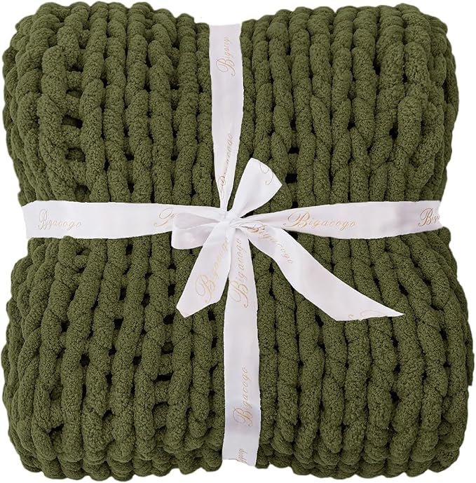 Bigacogo Chunky Knit Throw Blanket for Couch, 40x40 inches, 100% Hand Knitted with Thick Jumbo Chenille Yarn, Cozy Soft Large Rope Knot Cable Crochet Blankets for Sofa Bed Living Room, Yellow Green