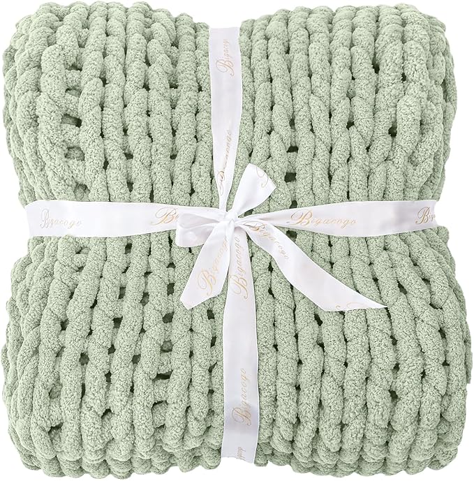 Bigacogo Chunky Knit Throw Blanket for Couch, 40x80 inches, 100% Hand Knitted with Thick Jumbo Chenille Yarn, Cozy Soft Large Rope Knot Cable Crochet Blankets for Sofa Bed Living Room, Sage Green