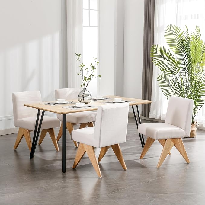 Mid Century Modern Farmhouse Dining Chairs Set of 6, Upholstered Armless Kitchen Chairs with Back and Wooden Legs, Linen Beige