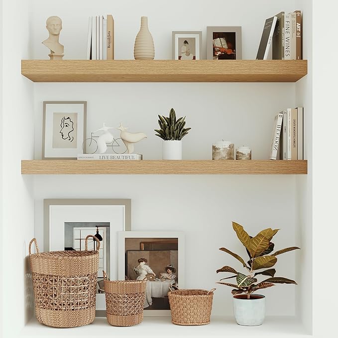 10 inches Deep Floating Shelves 36 inch Long, Large Oak Wall Shelves Heavy Duty 70 lbs for Bedroom, Bathroom, Living Room, Kitchen, Office, Modern Shelf Home Decor with Invisible Bracket