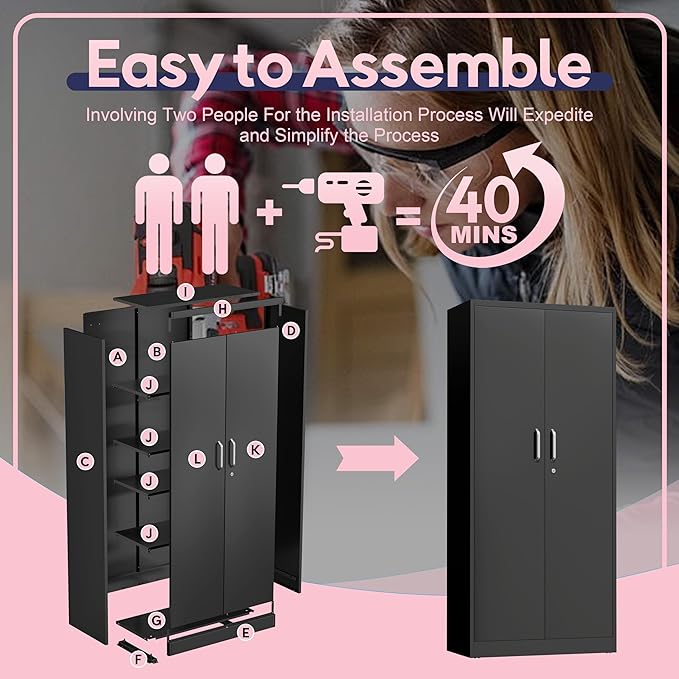 71" Garage Storage Cabinets with Lock, Cabinets with Doors and Shelves, Kitchen Pantry Cabinet, Metal Cabinet for Office, Garage, Shop, School, Assemble Required, Black