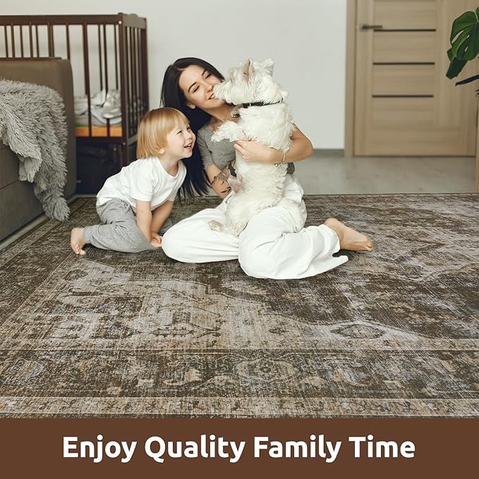 AMOAMI-3X5 Area Rug-Soft Washable Vintage Throw Accent Rugs for Living Room, Entryway, Bedroom, Kitchen, Bathroom, Laundry Room, Kitchen, Bathroom, Bedside, No Slip Brown/Coffee