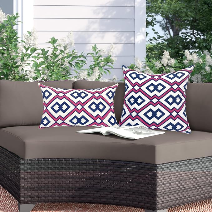 Alysheer Embroidered Lumbar Decorative Throw Pillow Cover 12"x 20", Classic Boho Geometric Embroidery Pattern Cotton Rectangular Cushion Case for Sofa Couch Living Room Bedroom(Blue Pink)