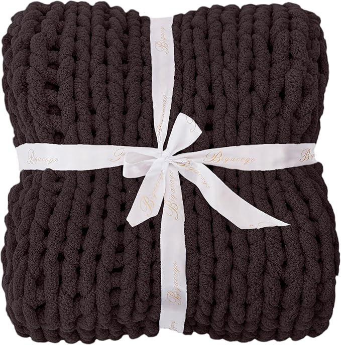 Bigacogo Chunky Knit Throw Blanket for Couch, 40x60 inches, 100% Hand Knitted with Thick Jumbo Chenille Yarn, Cozy Soft Large Rope Knot Cable Crochet Blankets for Sofa Bed Living Room, Chocolate