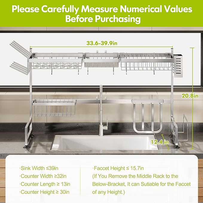 2 Tier Extra Large Stainless Steel Expandable Over The Sink Dish Drainer Drying Rack, Rust Proof Metal, Space Saving, Modern Silver Big Capacity Extendable Plate Strainers Above Kitchen Counter