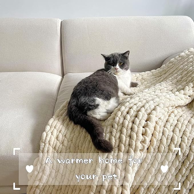 Maetoow Tighter Version Chenille Chunky Knit Blanket Throw (50×60 Inch), Handmade Warm & Cozy Blanket Couch, Bed, Home Decor, Soft Fleece Banket, Boho Thick Blankets and Giant Yarn Throws,Beige