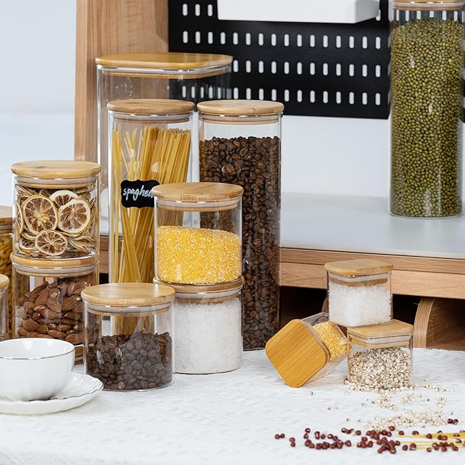 22oz Straight cylindrical Airtight Storage Jars with Bamboo Lid Set of 6 Storage Container Stackable Spice Jar, Kitchen Canister for Sugar, Tea, Cookies and Coffee beans (with Black Lable)