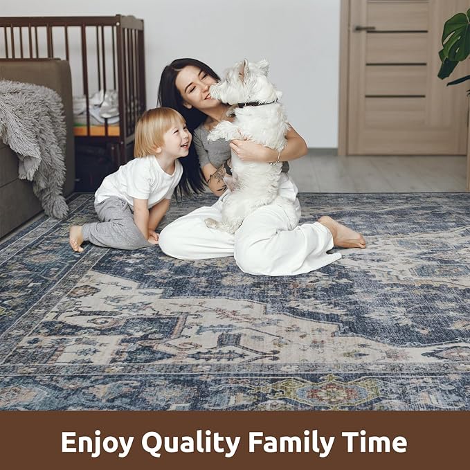 AMOAMI-2X10 Runner Rug-Washable Runners for Hallways-Soft Non Slip Bedside Rugs for Bedroom-Vintage Long Rug for Hallways Entryway Laundry Room Stair Kitchen Bathroom Blue