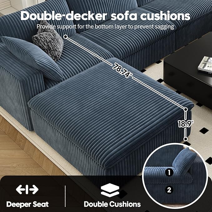 LoveSeat Cloud Couch Modular Sectional Sofa for Living Room,Modern Sofa with Deep Seat,2 Seater Boneless Couch,Comfy Upholstered Corduroy Couches for Apartment, Studio, Office,Bedroom,Blue