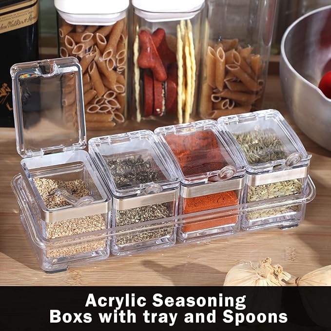 2 Set Acrylic Seasoning Organizer Box 8 Pcs Clear Seasoning Rack Spice Pots Condiments Containers with Lids and Spoons Storage Container Spice Jar for Salt Sugar Cruet Kitchen Cooking Organizer