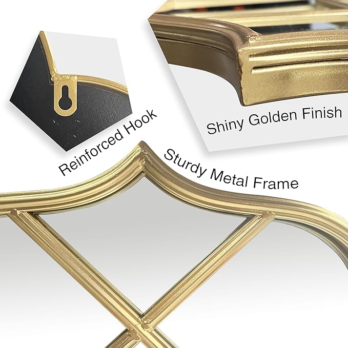Window Mirror Pane Scalloped, Wide Arched Gold Mirrors Decorative, Cathedral Arch Wall Decor with Metal Windowpane Grid for Mantle Entryway Fireplace Hallway Living Room