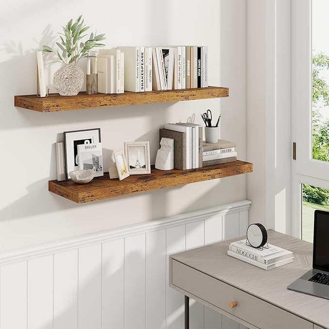 36 Inch Floating Shelves, 9.3 Inch Deep Rustic Wall Shelves - Extra Deeper Wall Mounted Storage Shelves for Bathroom, Kitchen, Living Room (Brown, Set of 2)
