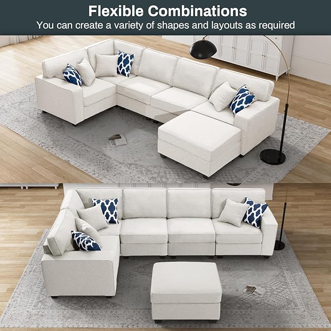 L Lengend Vansen Modular Sectional Sofa U Shaped Couch with Ottoman Modern Reversible Corner Sectional Couch for Living Room (Cream, U Shaped Sofa-1)