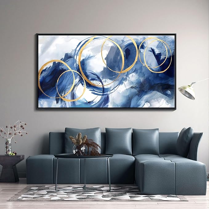 Framed Abstract Wall Art Blue Modern Art Wall Decor Artwork For Living Room Huge Wall Canvas Office Pictures For Navy Gold Modern Decorations For Bedroom Size 24x48in