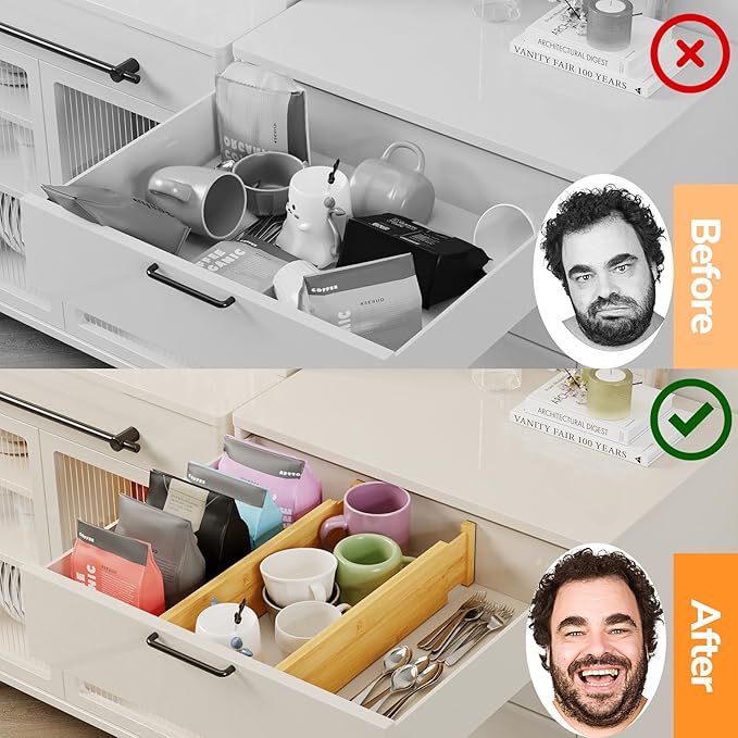 BAMEOS 4" High Drawer Dividers Bamboo Separators Organization Expandable Organizers for Kitchen Bedroom Bathroom Dresser Office 4-pack