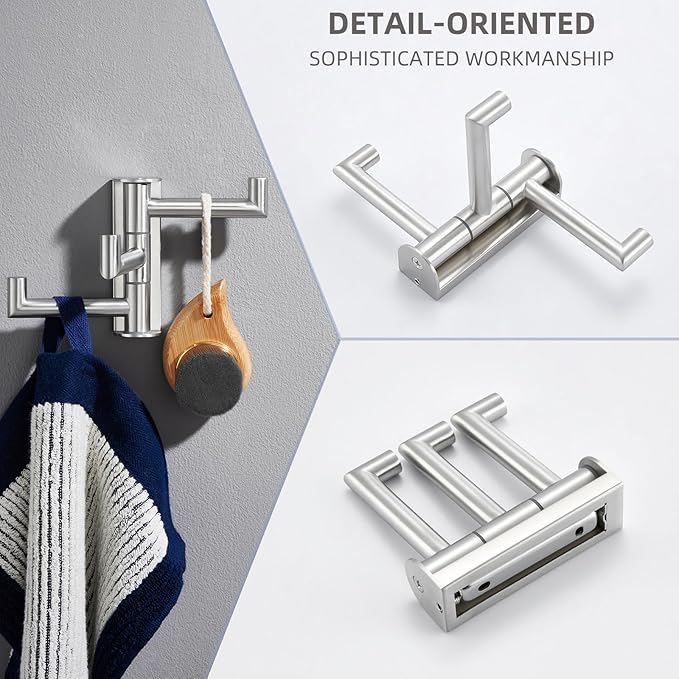 Angle Simple Swivel Towel Hook 3 Arms, SUS 304 Stainless Steel Foldable Robe Towel Hook for Bathroom, Wall Coat Holder, Brushed Nickel