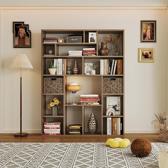 71” Tall Wooden Bookcase 6-Tier Large Bookshelves with 2 Woven Baskets, 55" Wide Floor Standing Wood Display Organizer Shelves for Living Room(Brown)