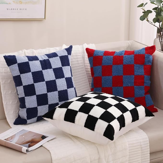 Alysheer Checkered Embroidered Decorative Throw Pillow Covers 18"x 18" Set of 2, Farmhouse Cottage Black White Plaid Tufted Patterned Cotton Canvas Cushion Case for Sofa Couch Bed Living Room