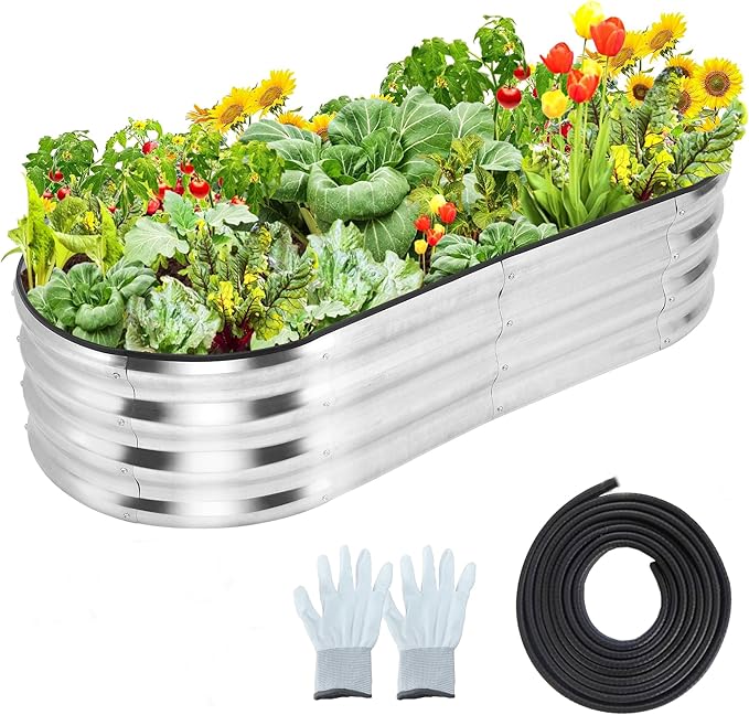 2 Pcs 4.5x2x1ft Oval Raised Garden Bed, Galvanized Raised Beds,Open-Ended Base Metal Raised Planter Beds,Planter Raised Boxes for Vegetables, Flowers,Tool-Free Asse,Rubber Edge