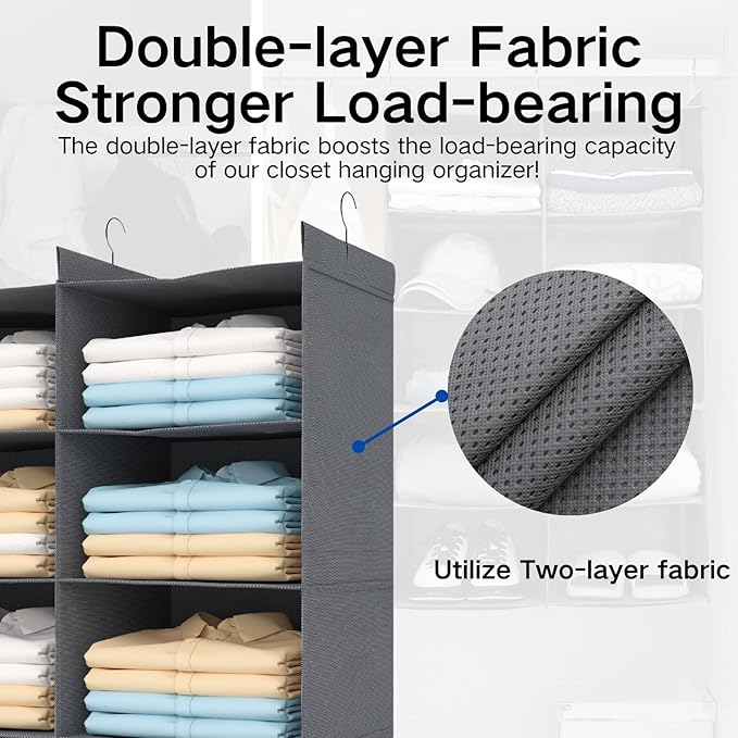 5 Tier Shelf Hanging Closet Organizer, Dual-Row 10 Pocket Cloth Hanging Shelf with 3 Sturdy Hooks for Storage, Foldable (Grey)
