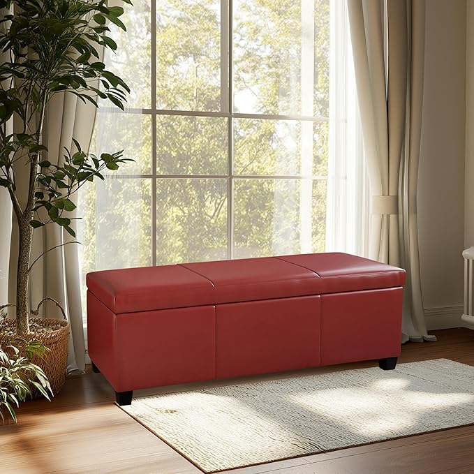 BELLEZE Storage Faux Leather Ottoman, 47 Inch Bench Bedroom Bench with Safety Close Hinge, Extra Long Ottoman with Storage for Living Room, Entryway, Hallway, Foot Rest, Support 300lbs - Red