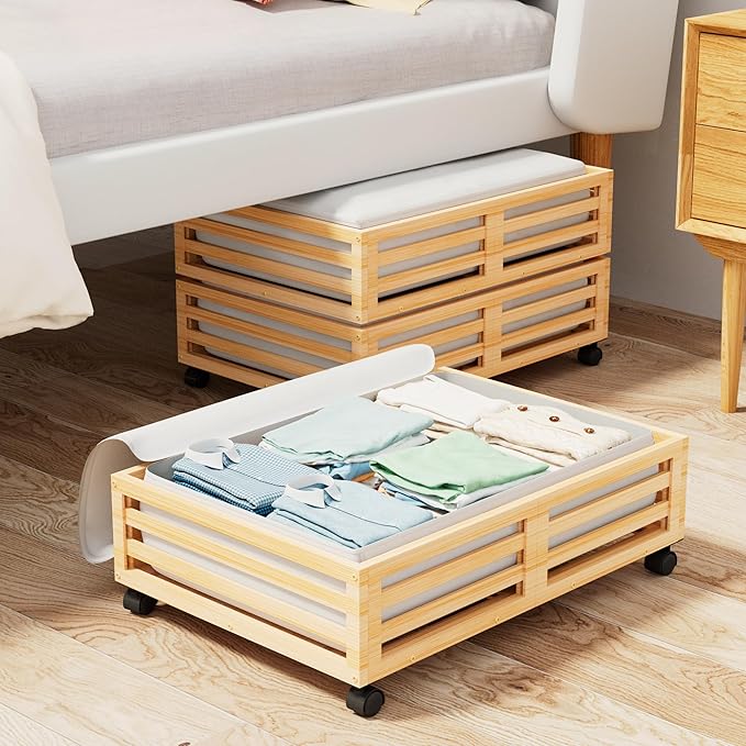 Bamboo Under Bed Storage Containers- Underbed Organizer with Wheels with Large Dust Bag,Sturdy Wood Rolling Under the Bed Shoe Storage Organizer Drawer 2 Packs (Nature, Small)