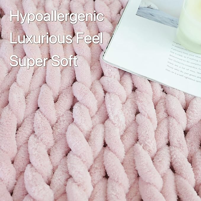 Maetoow Chenille Chunky Knit Blanket Throw (60×80 Inch), Handmade Warm & Cozy Blanket Couch, Bed, Home Decor, Soft Breathable Fleece Banket, Christmas Thick and Giant Yarn Throws, Light Pink