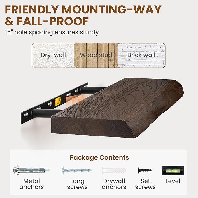 55" Floating Shelves, Live Edge Elm Wood Floating Shelf for Wall, Wall-Mounted Display Shelves with Invisible Heavy-Duty Bracket, Long Floating Shelf for Bathroom, Kitchen, Living Room, Walnut Color