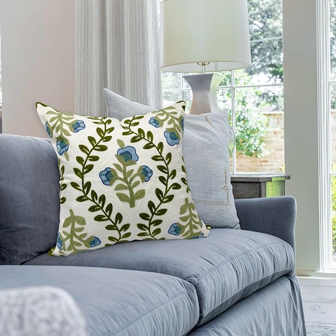 Alysheer Floral Embroidered Summer Decorative Throw Pillow Covers 18"x 18" Set of 2, Farmhouse Blue Flowers Green Vines Patterned Cotton Cushion Cases for Couch Bed Living Room Cottage Decor