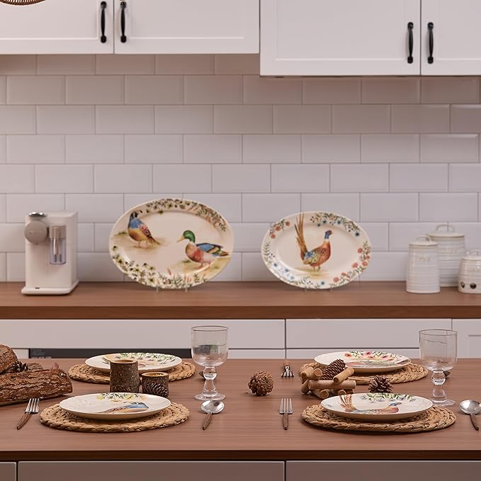 Bico Autumn Birds 16 plus 14 inch Oval Platters Set, Set of 2, Microwave and Dishwasher Safe, for Serving Fish, Chicken, Turkey