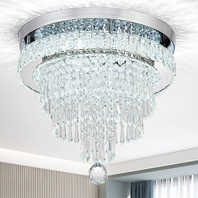 16“ Crystal Chandeliers Light Flush Mount Ceiling Light Fixtures Round Modern LED Chandelier for Living Room Bedroom Dining Room Closet Hallway (Cool White)