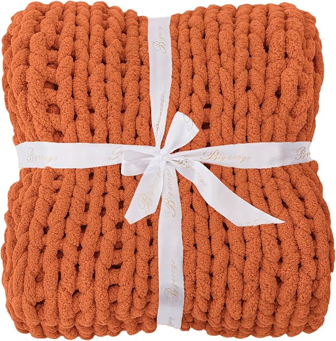 Bigacogo Chunky Knit Throw Blanket for Couch, 40x40 inches, 100% Hand Knitted with Thick Jumbo Chenille Yarn, Cozy Soft Large Rope Knot Cable Crochet Blankets for Sofa Bed Living Room, Terracotta