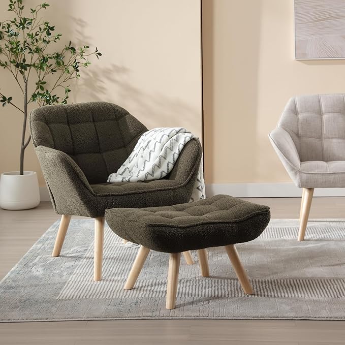Modern Sherpa Accent Chair with Ottoman, Fluffy Upholstered Lounge Chair with Footrest, Comfy Living Room Side Boucle Armchair for Small Space Bedroom Apartment, Green