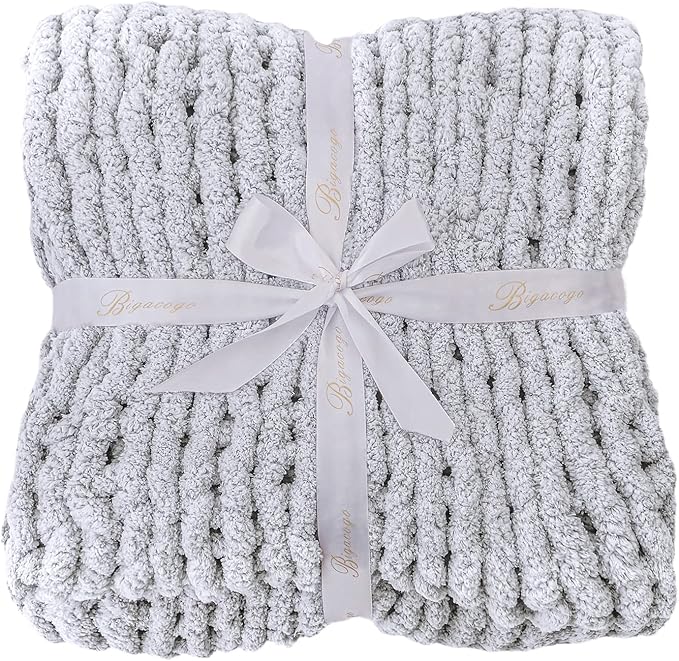 Bigacogo Chunky Knit Throw Blanket for Couch, 80x90 inches, 100% Hand Knitted with Thick Jumbo Chenille Yarn, Cozy Soft Large Rope Knot Cable Crochet Blankets for Sofa Bed Living Room, Light Grey