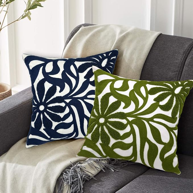 Alysheer Farmhouse Floral Leaves Embroidered Decorative Throw Pillow Cover 18x18 inches, Boho Tufted Flowers Embroidery Pattern Chic Cotton Cushion Case for Couch Bed Sofa Living Room(Navy Blue)