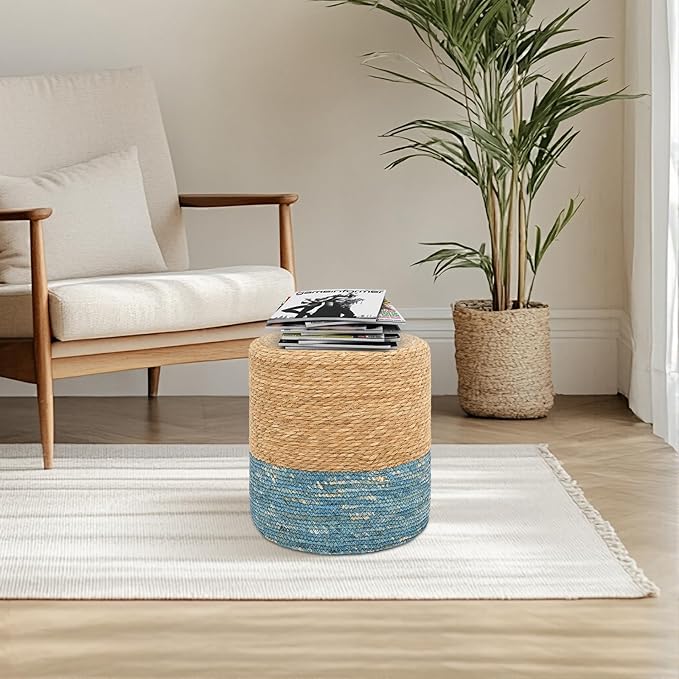 16'' Round Ottoman Natural Seagrass Braided Poof Hand Weaving Round Ottomans Boho Footrest Stool for Home Living Room Bedroom Patio(Natural&Blue)