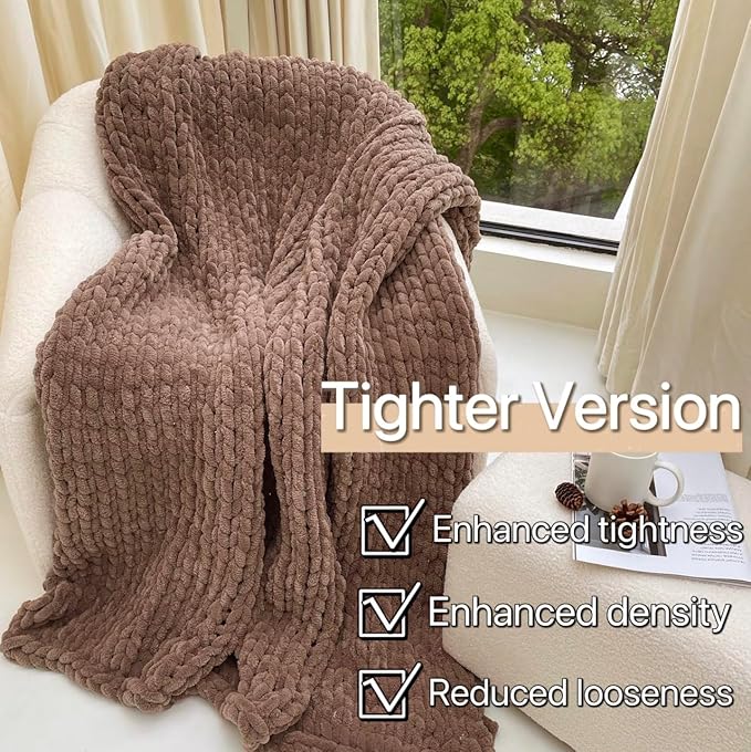 Maetoow Tighter Version Chenille Chunky Knit Blanket Throw (60×80 Inch), Handmade Warm & Cozy Blanket Couch, Bed, Home Decor, Soft Fleece Banket, Boho Thick Blankets and Giant Yarn Throws,Brown