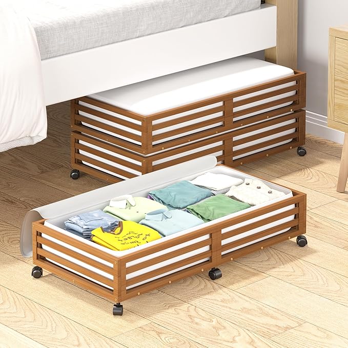 Bamboo Under Bed Storage Containers- Underbed Organizer with Wheels with Large Dust Bag,Sturdy Wood Rolling Under the Bed Shoe Storage Organizer Drawer 2 Packs (Walnut, Long)