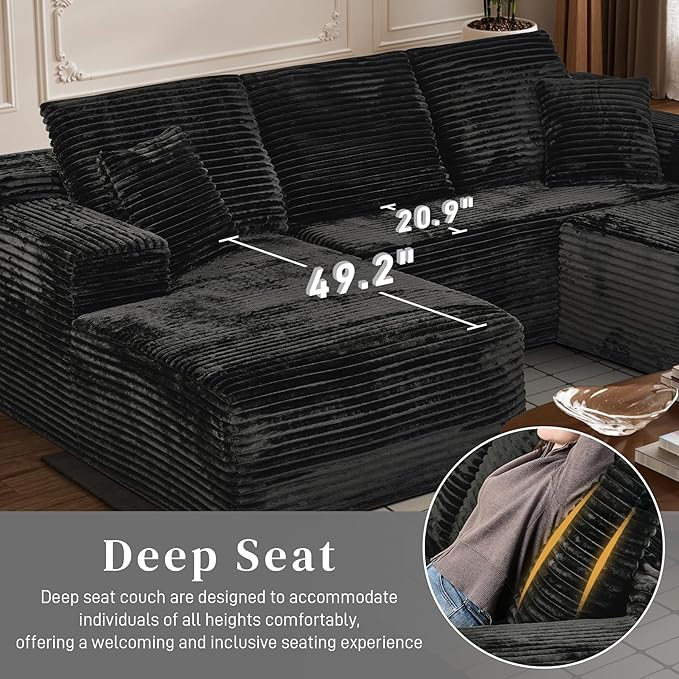 Modular Sectional Sofa Cloud Sectional Couch, 107" Comfy Fluffy U Shaped Black Couches for Living Room, Deep Seat Memory Foam Plush Corduroy Boneless Couch Sectionals with Left Facing Chaise Sofa