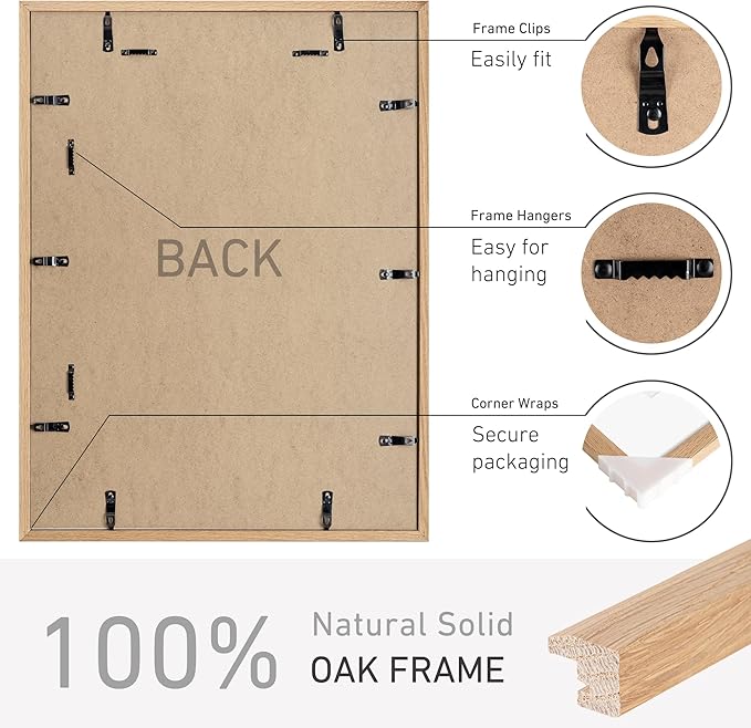 18x24 Poster Frame Set of 4 Natural Solid Oak Photo Frames with 16x20 Removable Mat Wall Hanging Large Handcrafted Frame with HD Plexiglass Wall and Tabletop Display Large Picture Frame