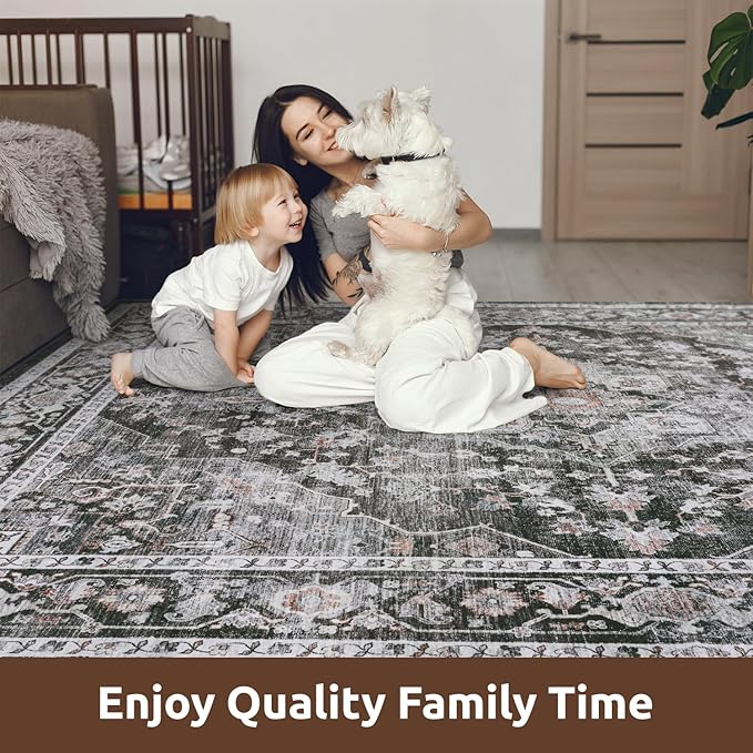 AMOAMI-Area Rug 9X12 Rugs for Living Room-Vintage Soft Black Rugs for Bedroom-Non Slip Carpet-Washable Rug for Dining Room Living Room Bedroom Office Under Table,Dark Grey & Black