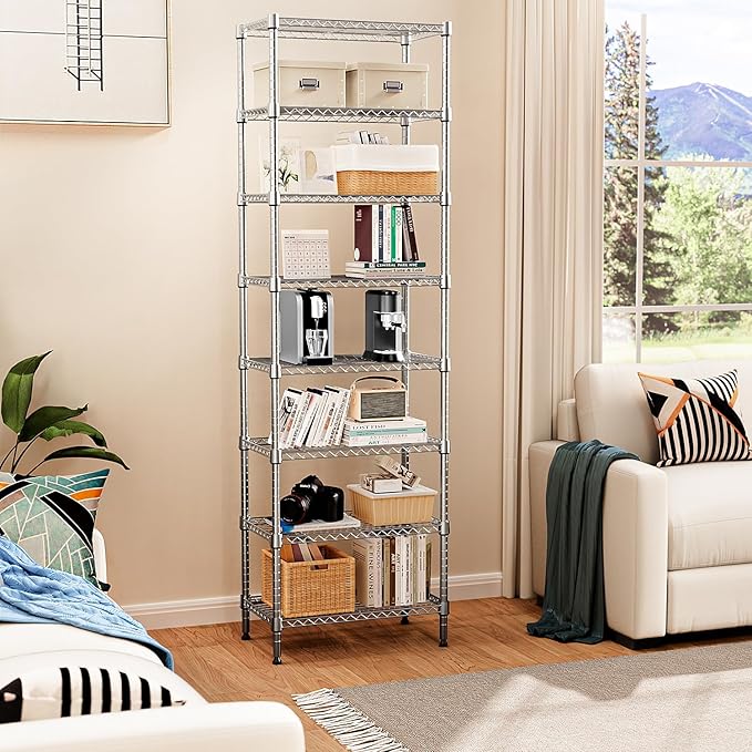 8 Tier 2000 lbs Storage Rack Metal Wire Shelving Unit, Storage Standing Shelf Organizer for Laundry Bathroom Kitchen Pantry Closet Garage Utility Room, Chrome 13.8" D x 23.6" W x 79.5" H
