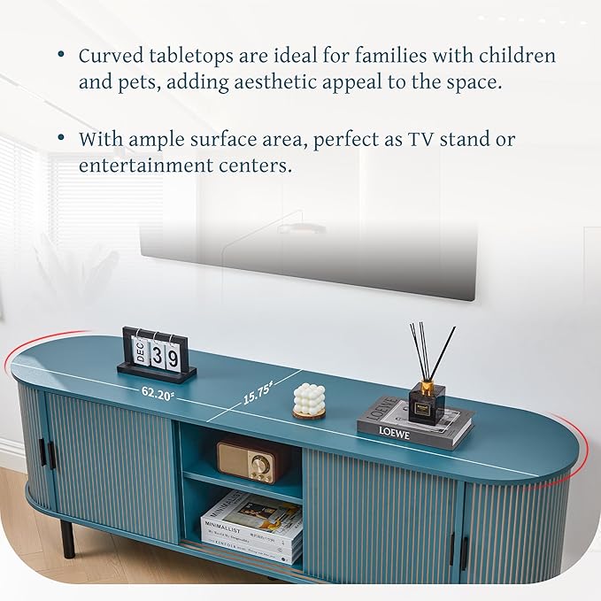 62" Tambour Door TV Stand,Wood Mid Century Modern TV Cabinet for Up to 75“ TV,Curved Edge Long TV Stand with Storage for Bedroom Living Room(62.2inch,Blue)