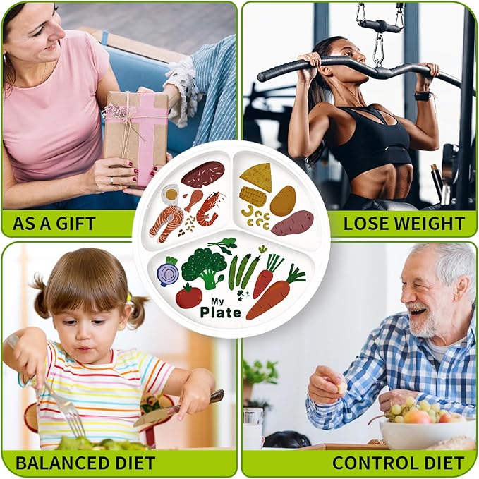 10" 3-Grid Cute Cartoon Portion Control Plate - Melamine, Healthy Nutrition for Weight Loss & Diabetes Management, Ideal for Adults & Teens Kids (2 Pack)