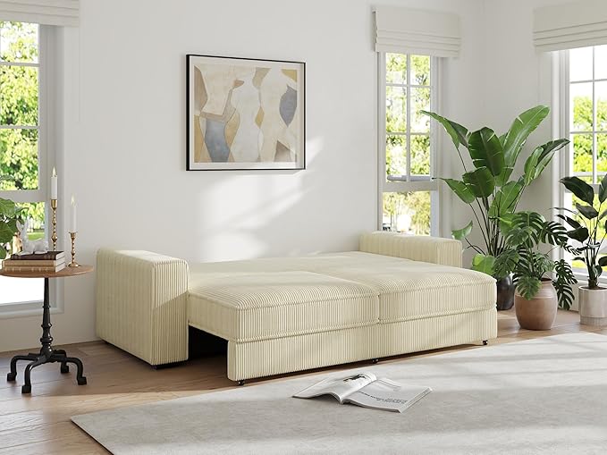 91-Inch Corduroy Pull Out Couch with Storage, Convertible Queen Sleeper Sofa with Pull Out Bed, Hide a Bed Couches for Bedroom, Guest Room, Apartment, Small Places, RV (Beige)
